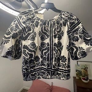 Catherine Malandrino cropped puff sleeve Black and White Floral Blouse